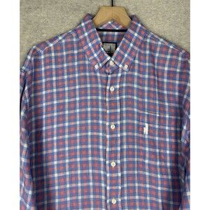 Johnnie O Shirt Mens XXL‎ Blue Orange Plaid 100% Linen Beach Vacation Preppy